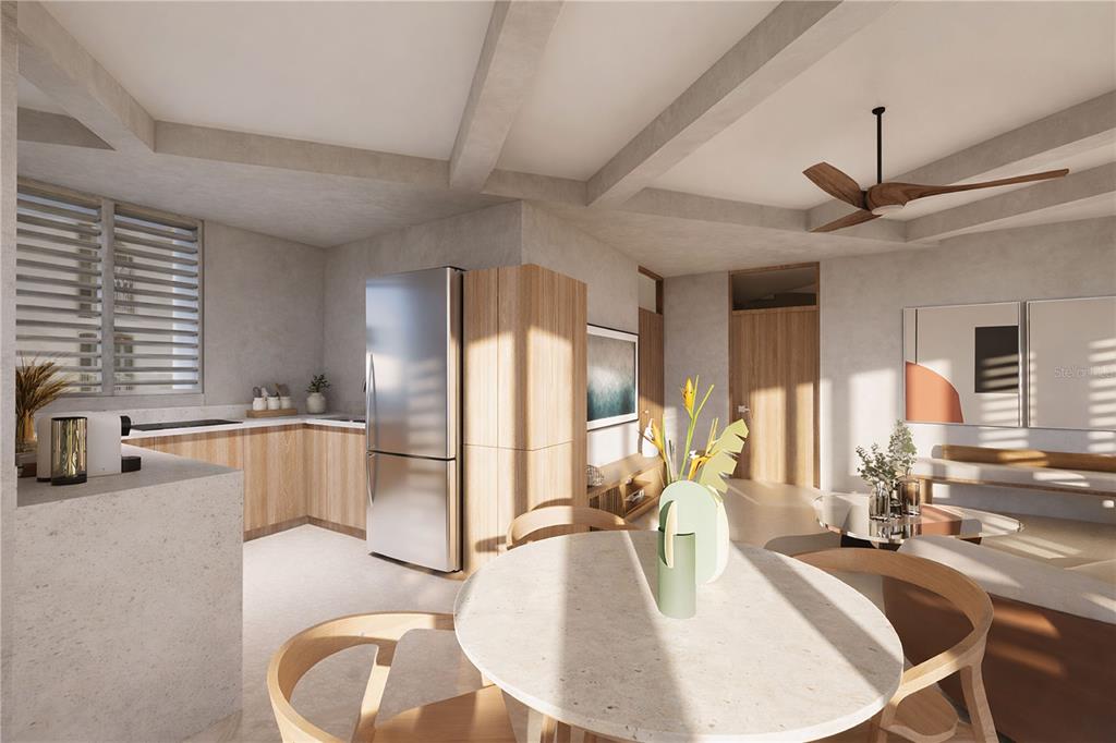 This is a rendering of an open-concept kitchen and dining area with modern wood finishes — 425 SOL STREET UNIT 3, SAN JUAN, PR