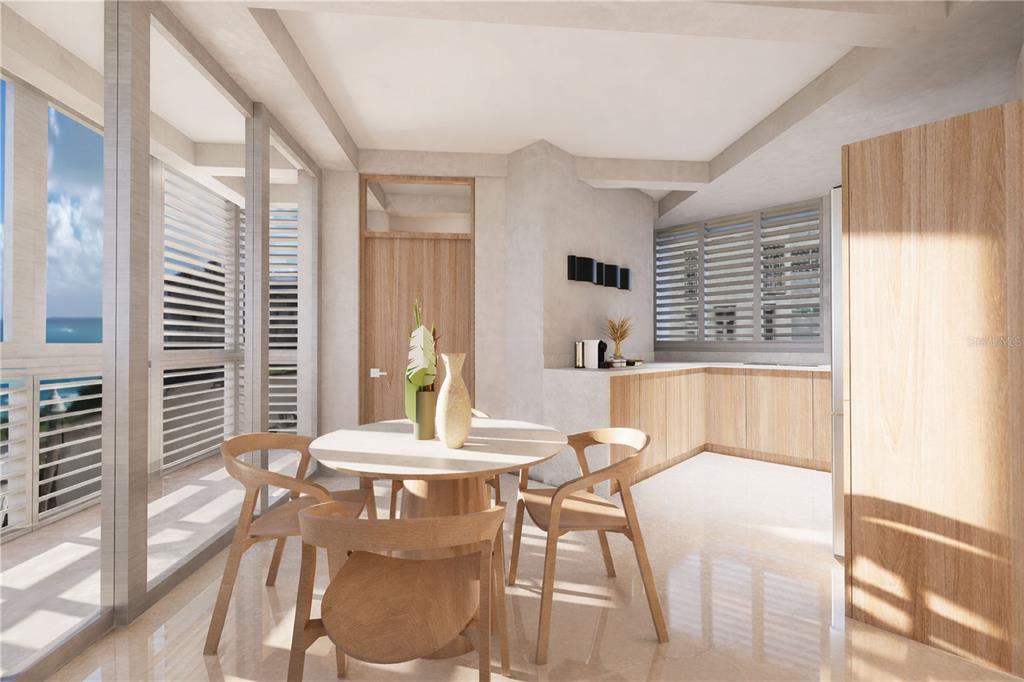 This rendering shows a modern dining area and kitchen with light wood cabinetry and flooring — 425 SOL STREET UNIT 3, SAN JUAN, PR