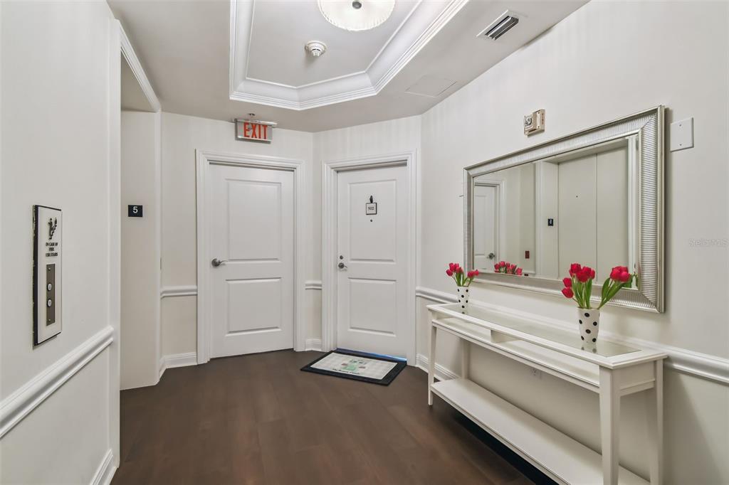 A hallway features white doors, a console table with tulips, and a large wall mirror — 450 KNIGHTS RUN AVENUE UNIT 502, TAMPA, FL