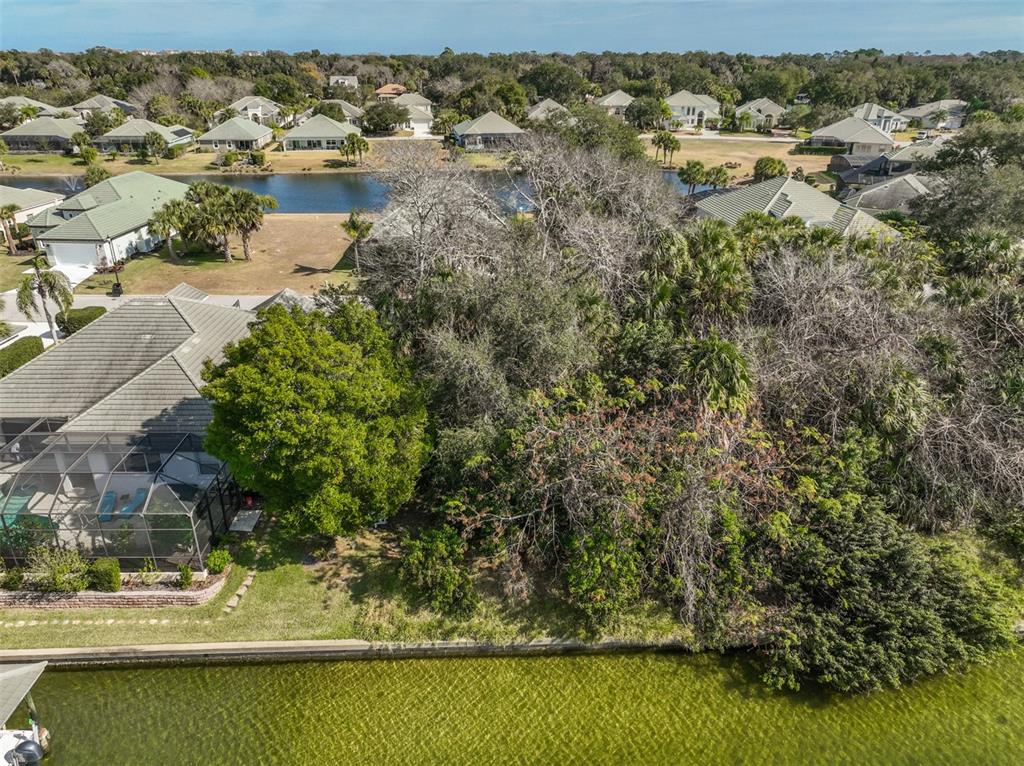 An aerial view shows a waterfront home with a screened pool enclosure and dense landscaping — 49 LONGVIEW WAY N, PALM COAST, FL