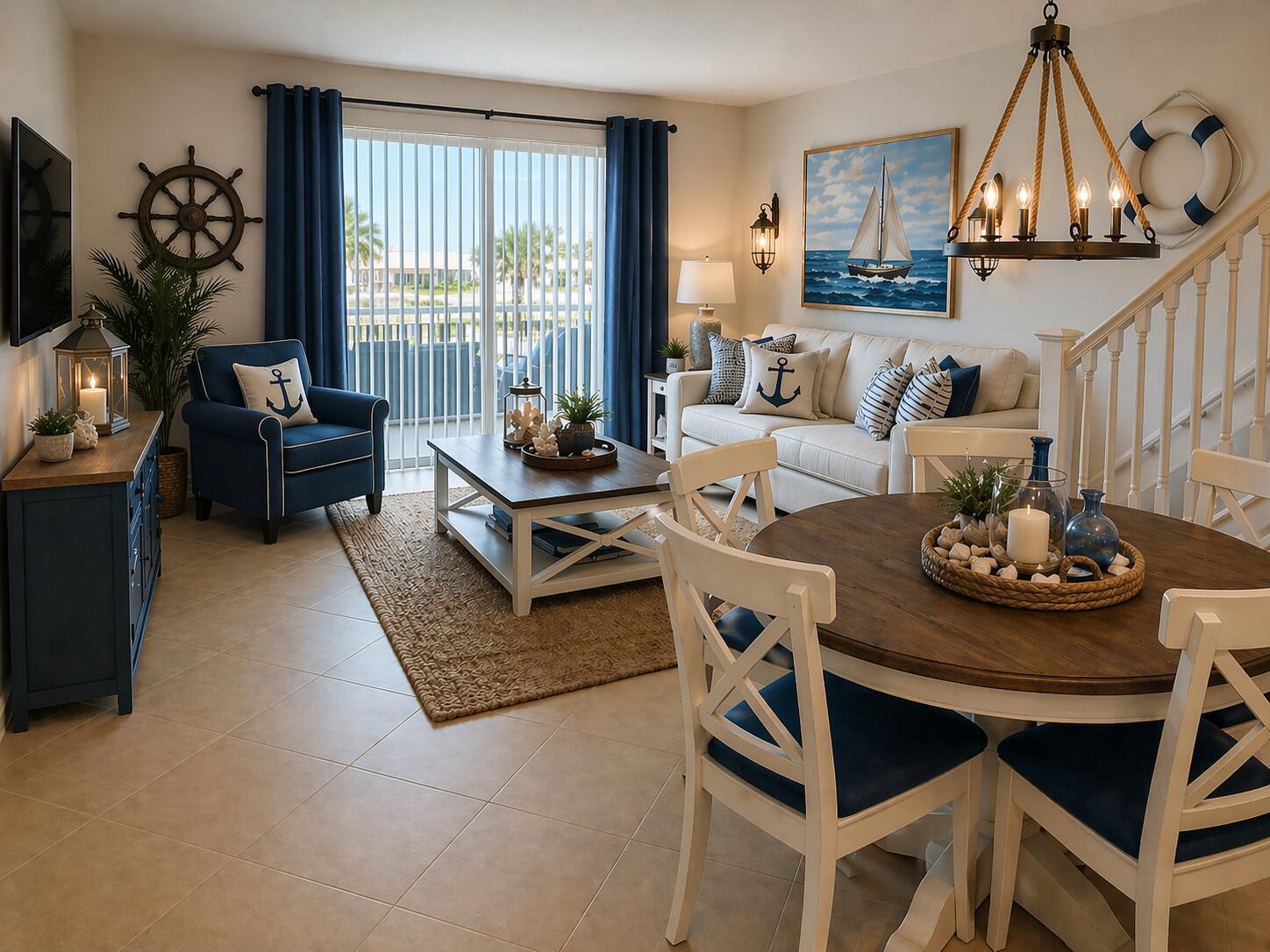 A coastal-themed living and dining room featuring a white sofa, blue armchair, and round table — 9503 SW Merlin Court, Stuart FL 34997, STUART, FL
