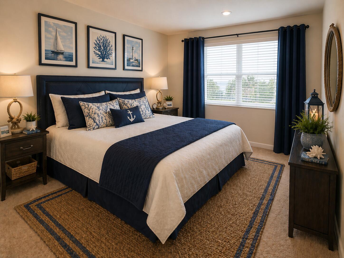 A nautical-themed bedroom features a navy upholstered bed, matching curtains, and framed coastal wall art — 9503 SW Merlin Court, Stuart FL 34997, STUART, FL