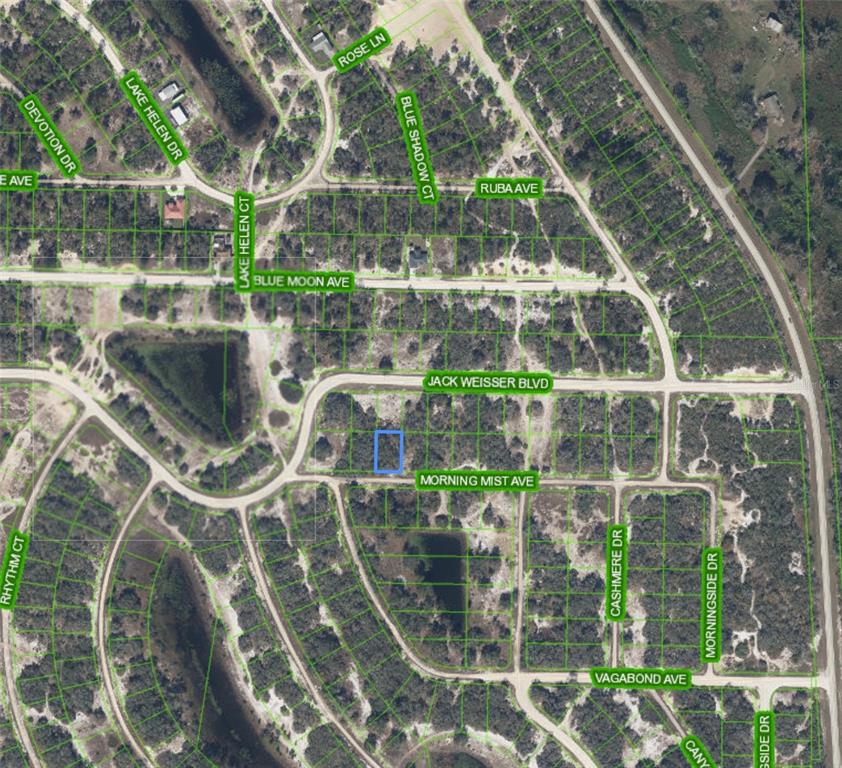 This is an aerial map showing a highlighted vacant lot located at the corner of streets — 504 MORNING MIST AVENUE, LAKE PLACID, FL