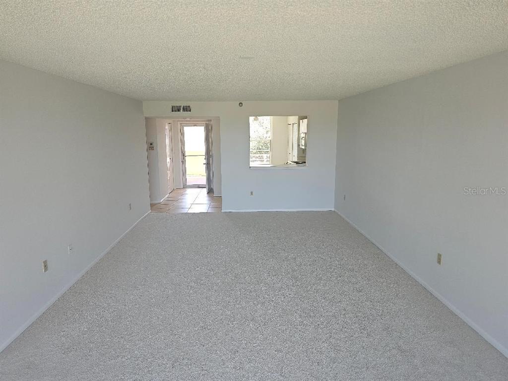 An empty living room features beige carpet, white walls, and a pass-through window to the kitchen — 4410 FAIRWAYS BOULEVARD UNIT 206, BRADENTON, FL