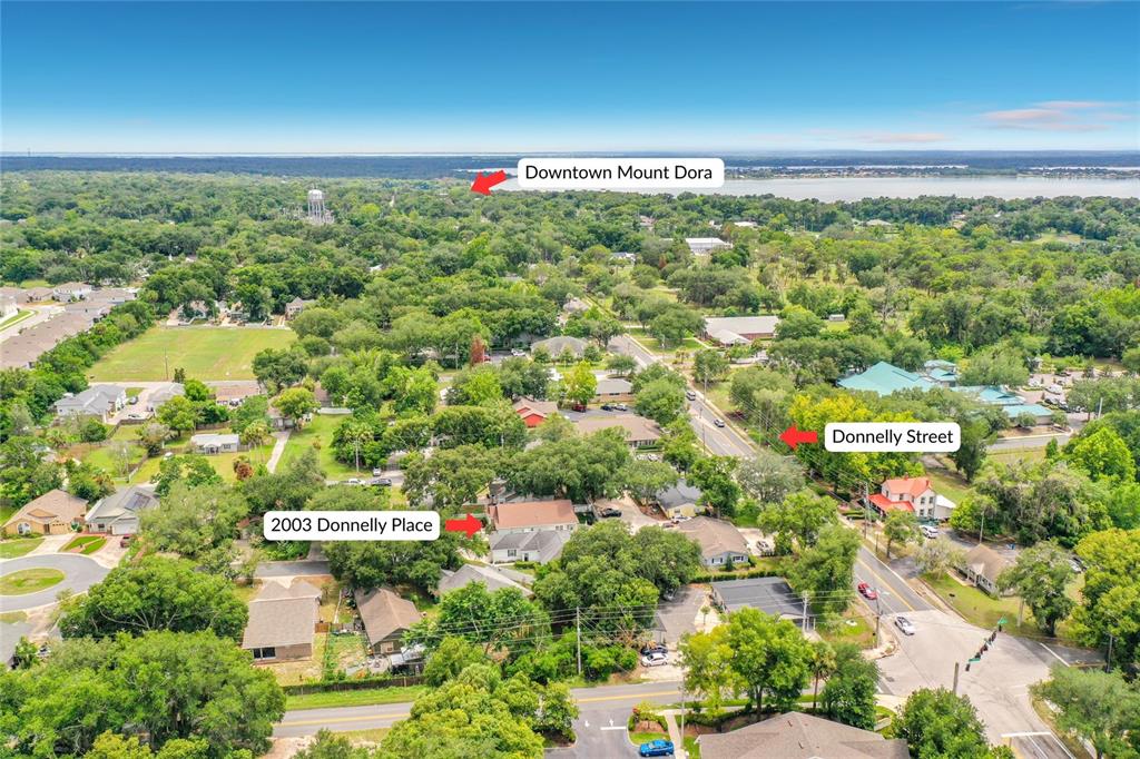 This aerial view shows a residential neighborhood with tree-lined streets and nearby lakefront scenery — 2003 DONNELLY PLACE, MOUNT DORA, FL