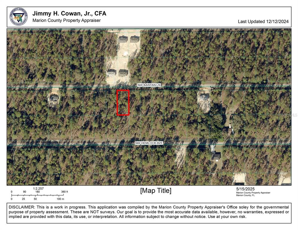 This is a property map showing a rectangular parcel of land outlined in red — 0 NW BANYAN LANE, DUNNELLON, FL