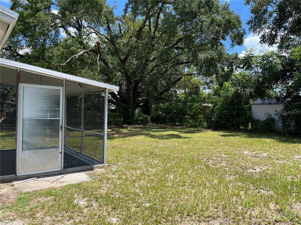 A screened-in porch overlooks a grassy backyard with large trees and a small shed — 605 PLUM LANE, ALTAMONTE SPRINGS, FL