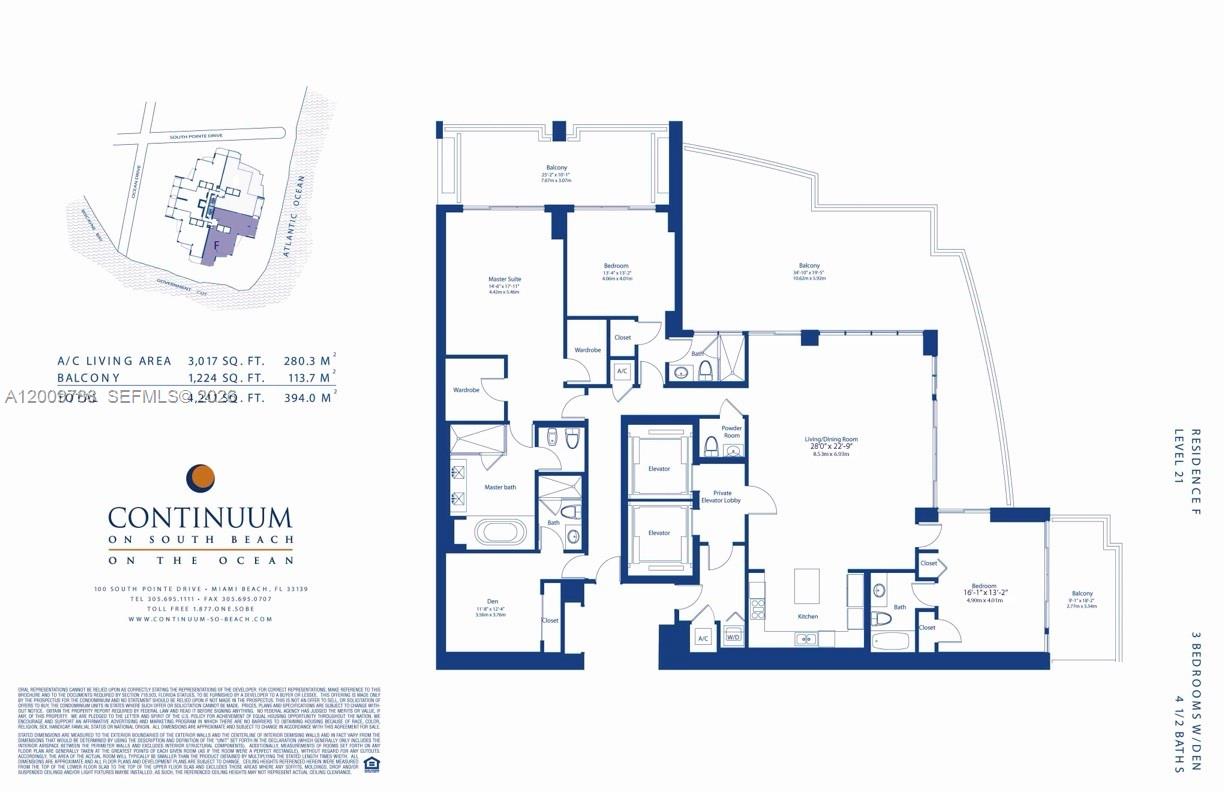 This floor plan shows a three-bedroom, four-and-a-half-bath residence with multiple balconies and private elevator access — 50 S Pointe Dr # 2102, Miami Beach FL 33139, MIAMI BEACH, FL