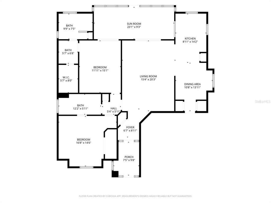 This is a floor plan showing a two-bedroom home with a sunroom and porch — 510 EASTLAKE DR, HAINES CITY, FL