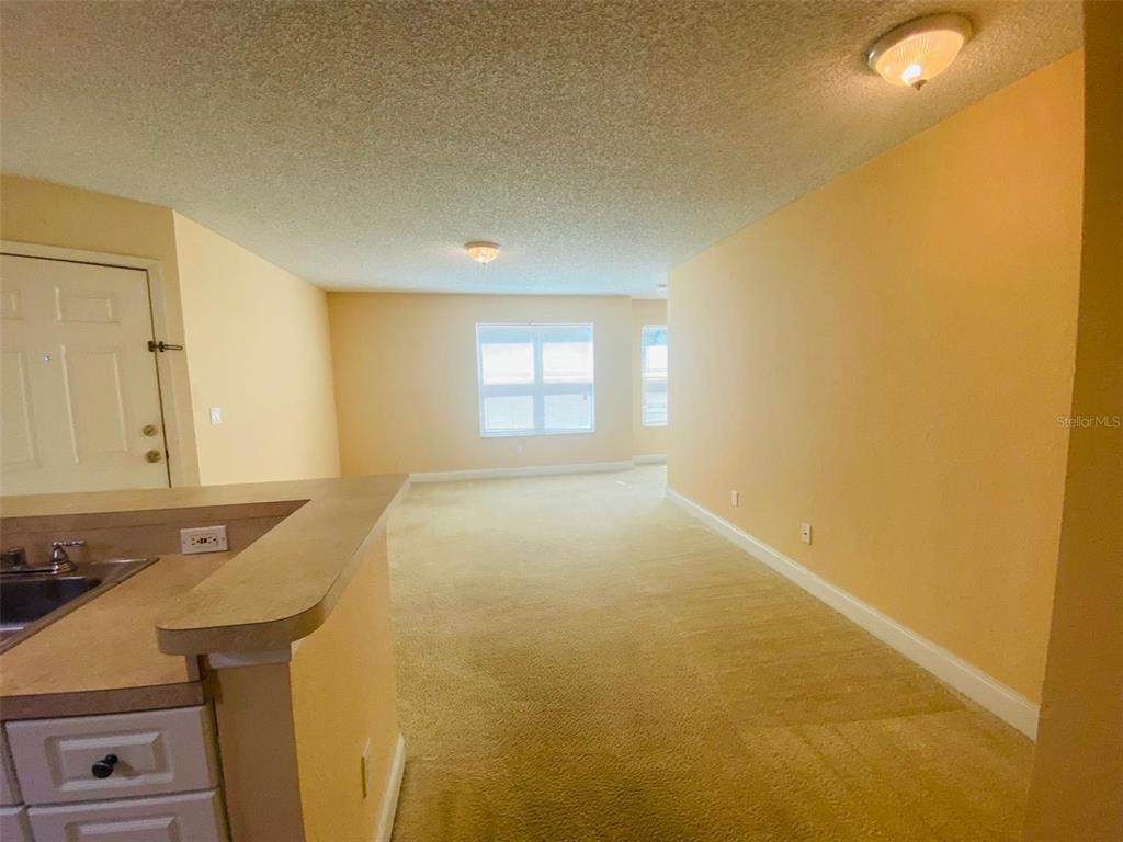 A carpeted living room with beige walls and a window is viewed from a kitchen — 5773 GATLIN AVENUE UNIT 616, ORLANDO, FL