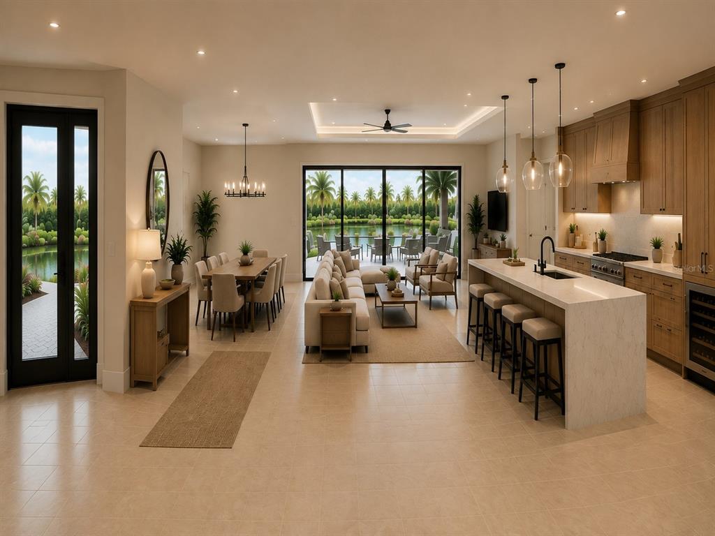 This is a rendering of an open-concept living, dining, and kitchen area with water views — 15140 INGRAHAM BOULEVARD, PORT CHARLOTTE, FL