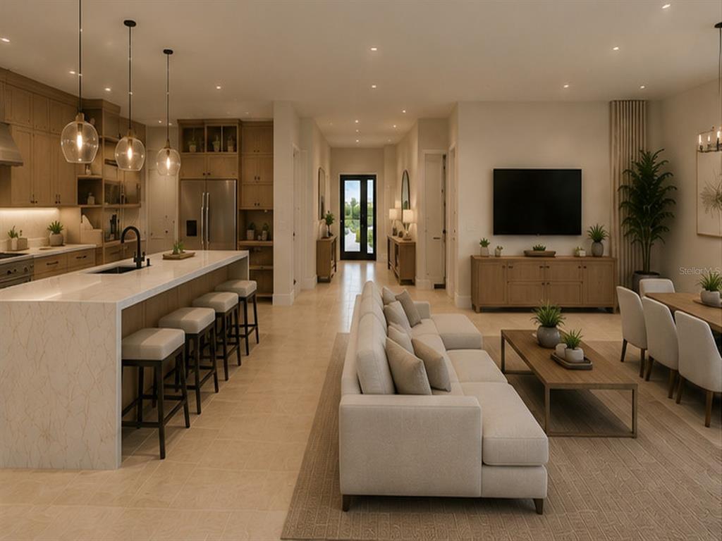 This rendering shows an open-concept kitchen and living area with light wood cabinetry and furniture — 15140 INGRAHAM BOULEVARD, PORT CHARLOTTE, FL