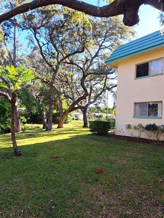 A two-story building exterior with a lawn, large trees, and a palm tree — 2005 GREENBRIAR BOULEVARD UNIT 1, CLEARWATER, FL