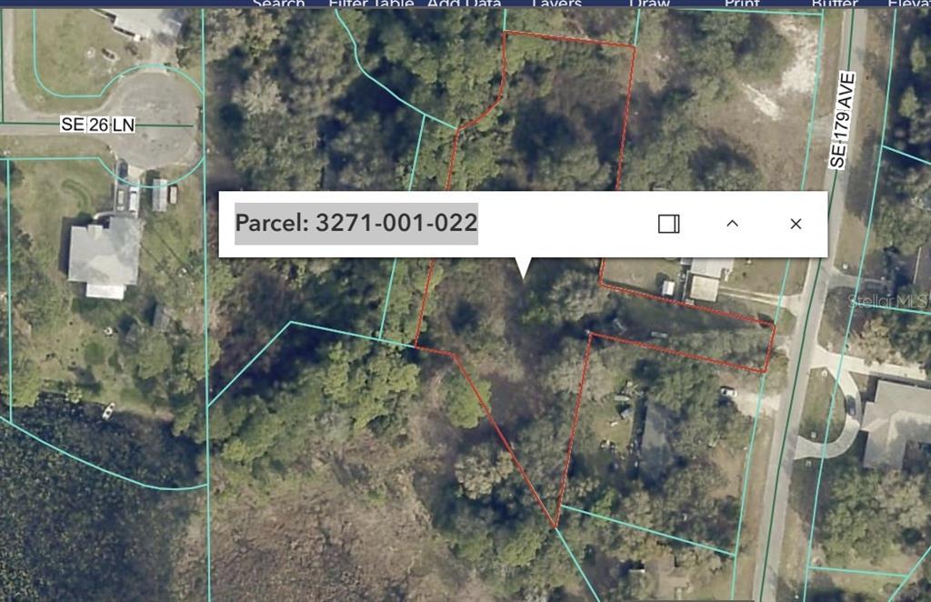 This is an aerial map view of a wooded residential lot near a lake — 2650 SE 179TH AVENUE, SILVER SPRINGS, FL