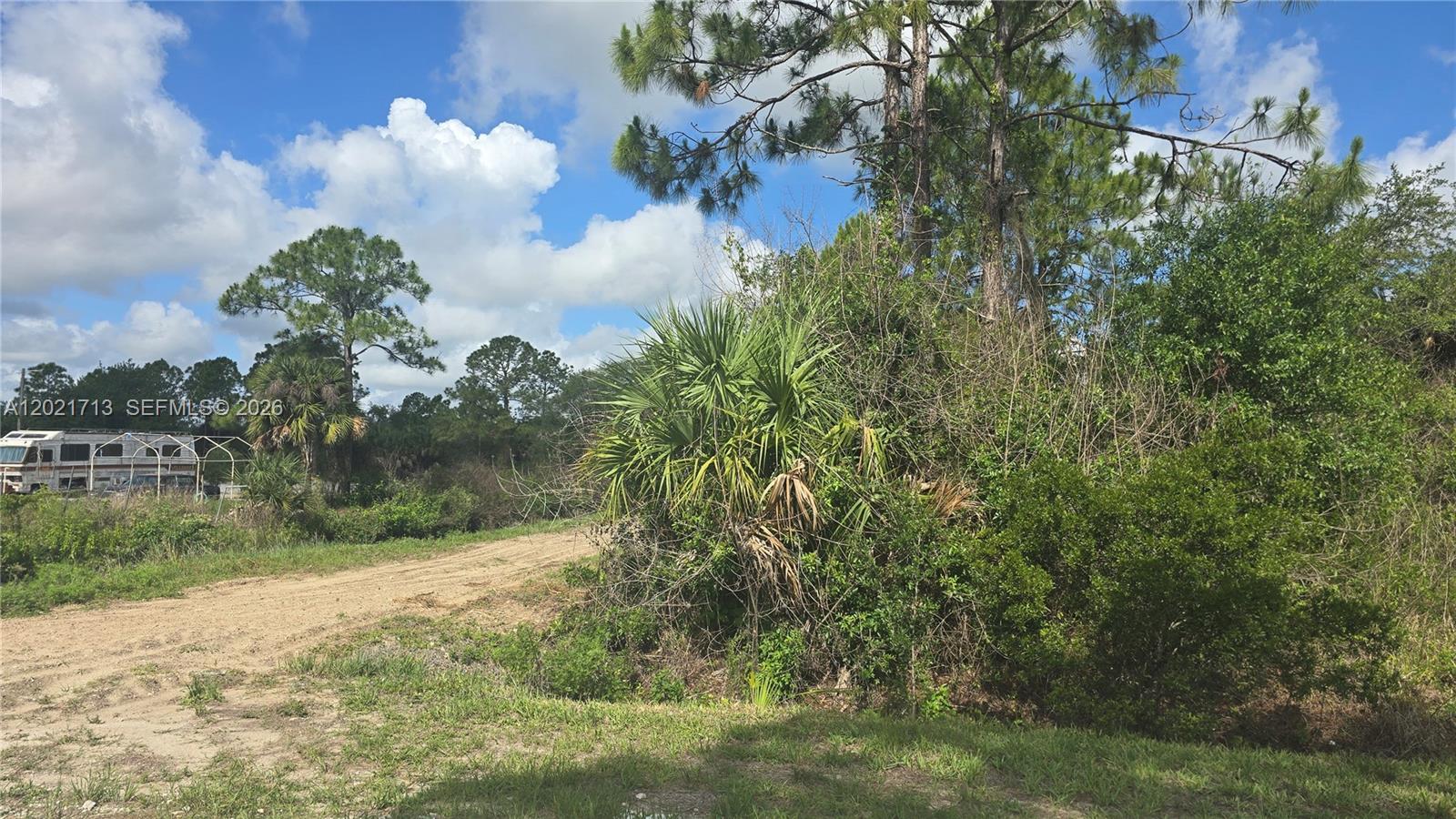 A dirt path leads through a wooded lot with a parked recreational vehicle nearby — 180 S Kennel ST, Clewiston FL 33440, CLEWISTON, FL