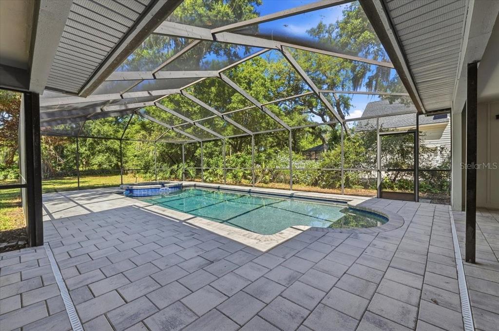 A screened-in patio features a rectangular swimming pool with an attached spa and paver decking — 2800 HAMMOCK DRIVE, PLANT CITY, FL