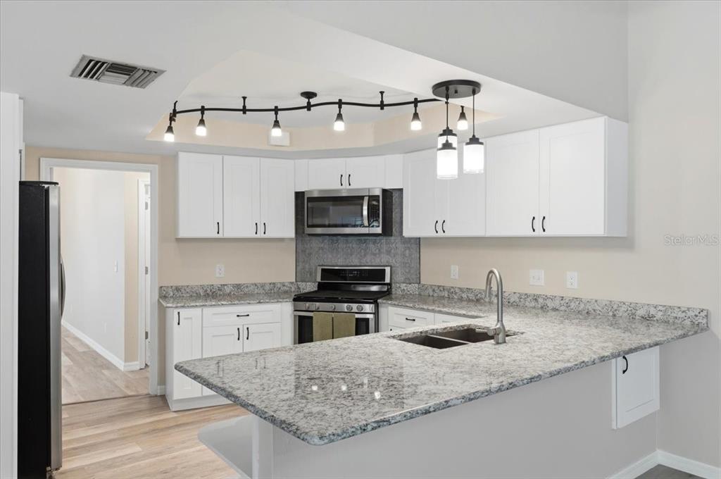 A kitchen features white cabinets, granite countertops, stainless steel appliances, and a curved track light — 2800 HAMMOCK DRIVE, PLANT CITY, FL