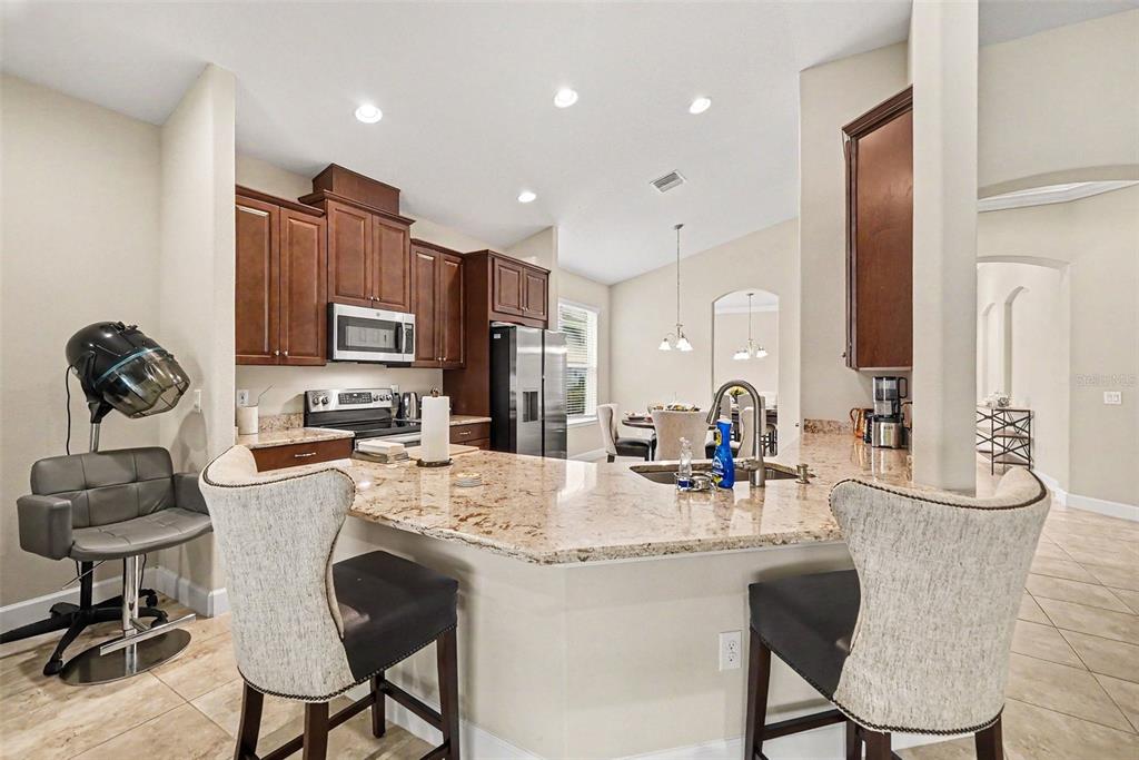 A kitchen features granite countertops, dark wood cabinets, stainless steel appliances, and a breakfast bar — 7907 SILVER CLOVER COURT, RIVERVIEW, FL