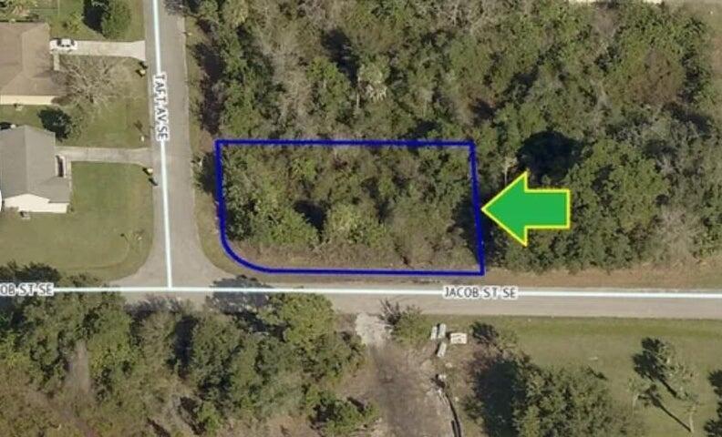 An aerial map view shows a vacant, wooded corner lot outlined in blue — Lot 10 Taft Avenue, Palm Bay FL 32909, PALM BAY, FL