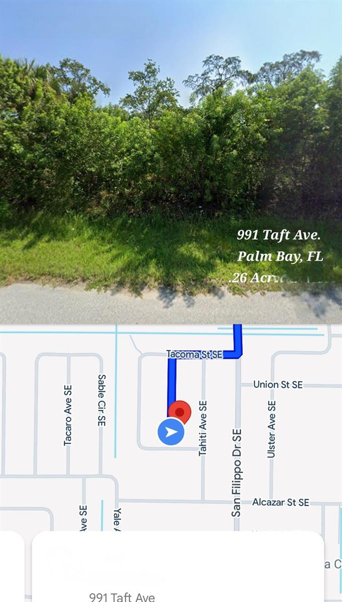 This image shows a street-level view of a wooded lot and a digital map — Lot 10 Taft Avenue, Palm Bay FL 32909, PALM BAY, FL