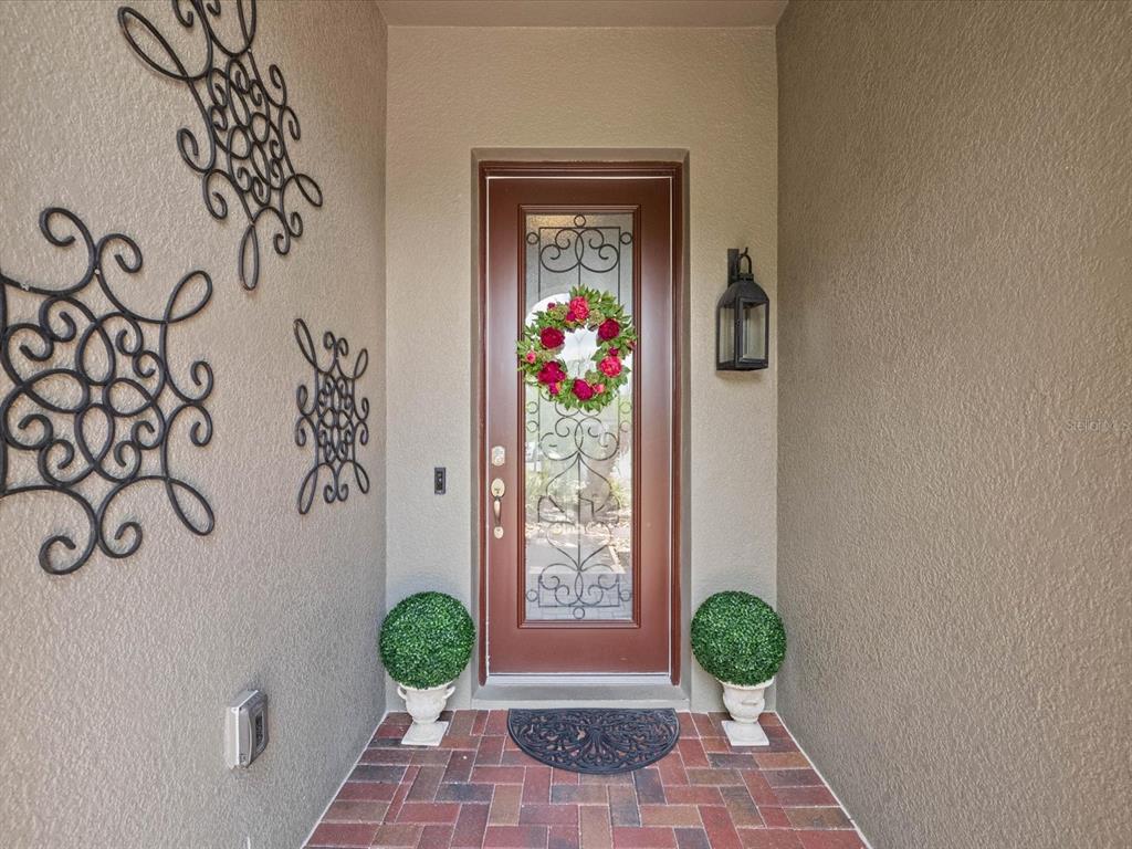 A front entryway features a brown door with glass, a wreath, and two topiary plants — 3719 WICKET FIELD ROAD, LUTZ, FL