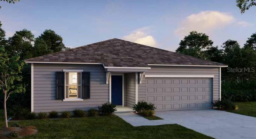This is a rendering of a single-story house with gray siding and a two-car garage — 862 SW 80TH WAY, GAINESVILLE, FL