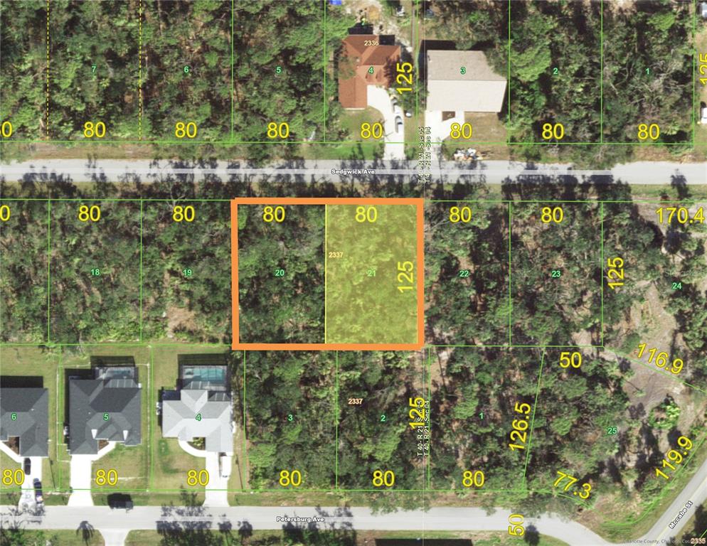 This is a property map showing two adjacent rectangular lots highlighted in orange — 13531 SEDGWICK AVENUE, PORT CHARLOTTE, FL