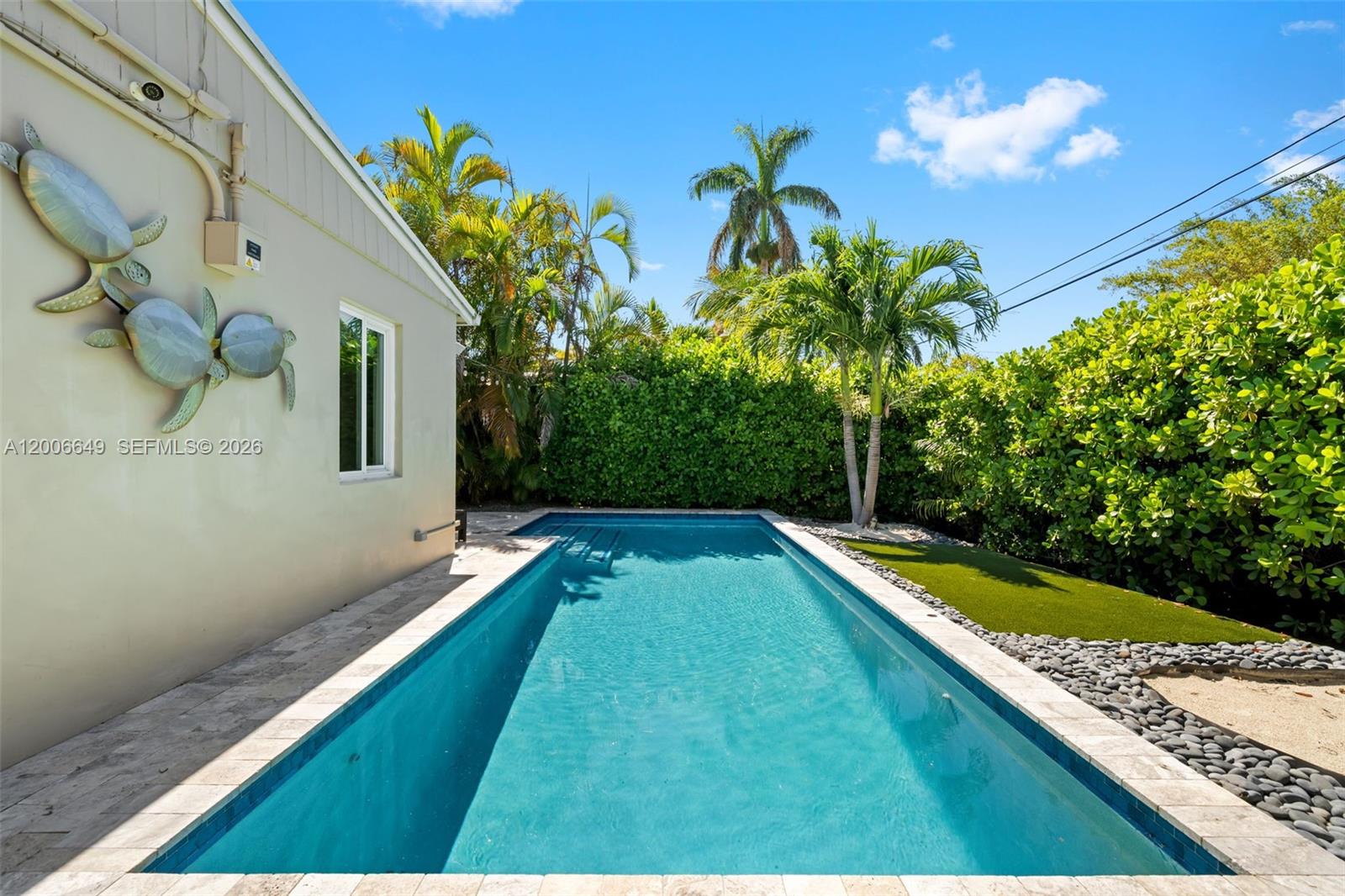 A rectangular swimming pool sits beside a house wall decorated with metal turtle sculptures — 930 N 11th Ct # 0, Hollywood FL 33019, HOLLYWOOD, FL