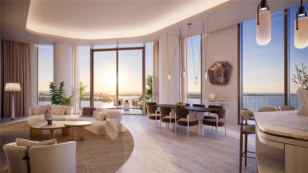 This rendering shows a modern open-concept living and dining area with floor-to-ceiling windows overlooking water — 1390 MAIN STREET UNIT 1602, SARASOTA, FL