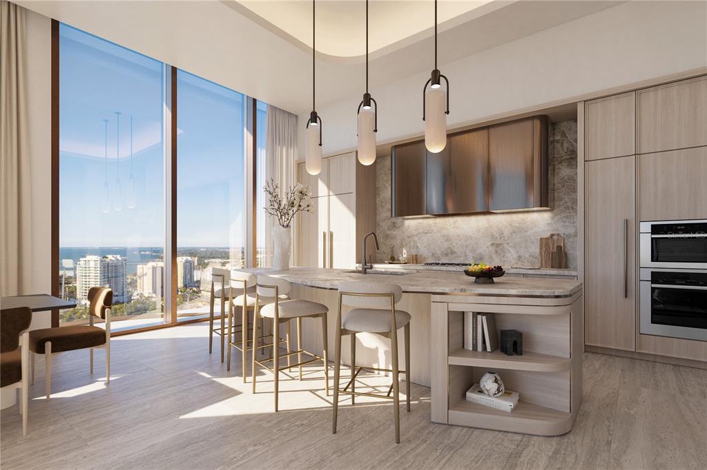 This rendering shows a modern kitchen with a stone island, bar stools, and floor-to-ceiling windows — 1390 MAIN STREET UNIT 1602, SARASOTA, FL
