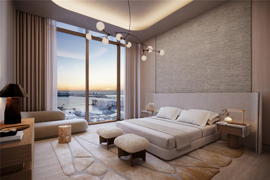 This rendering shows a modern bedroom with a large window overlooking a coastal city harbor — 1390 MAIN STREET UNIT 1602, SARASOTA, FL