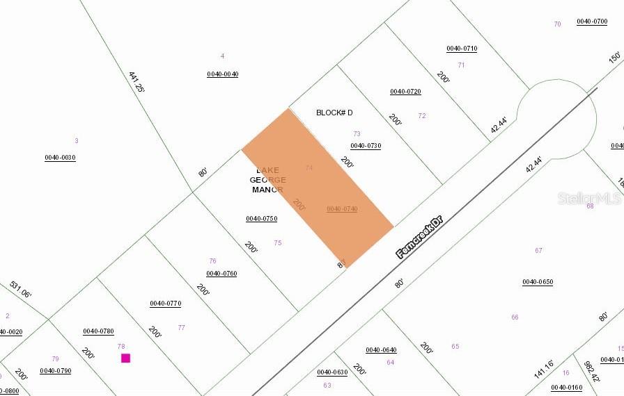 This is a property tax map showing parcel 0040-0740 highlighted in orange — 158 FERNCREEK DRIVE, GEORGETOWN, FL