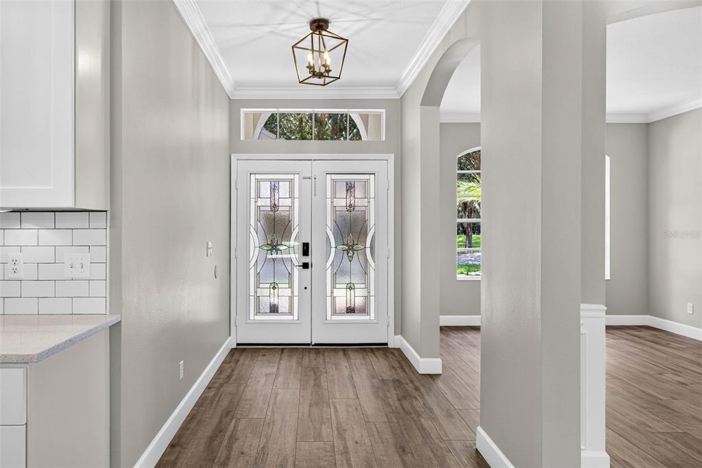 An entryway features double glass-paneled doors, wood-look flooring, and a geometric pendant light fixture — 6135 WHIMBRELWOOD DRIVE, LITHIA, FL