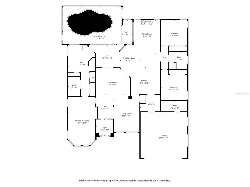 This is a floor plan of a single-story house featuring a screened porch and pool — 7450 ALOE DRIVE, SPRING HILL, FL