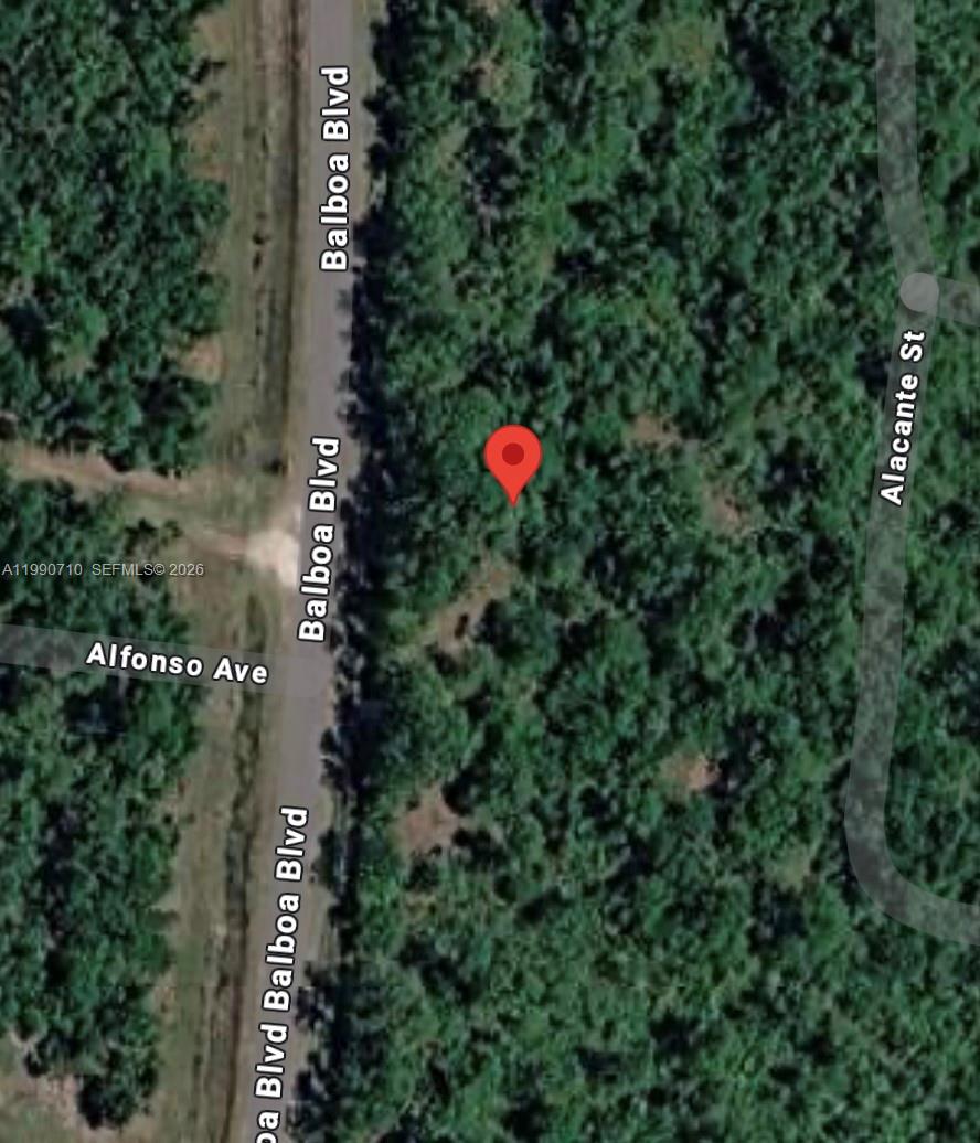 This is a satellite map view showing a vacant, wooded lot near a road intersection — 4300 BALBOA, Sebring FL 33872, SEBRING, FL
