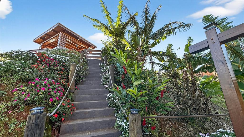 A wooden staircase leads up a landscaped hillside toward a rustic cabin structure — PARCEL A ALTURITAS COLLORES, OROCOVIS, PR