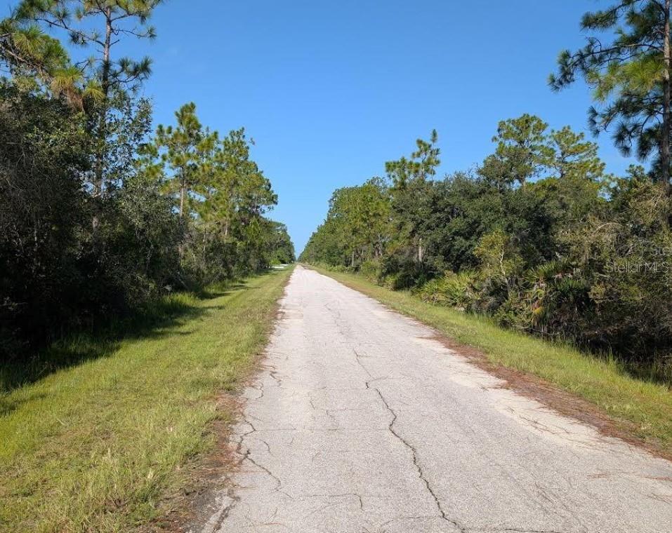 A narrow, cracked asphalt road stretches through a wooded area under a clear blue sky — 6 EL DORADO DRIVE, INDIAN LAKE ESTATES, FL