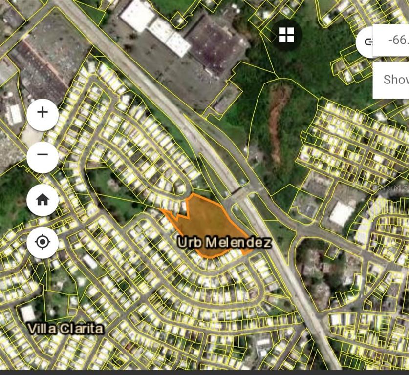 This is a map showing an orange-highlighted land parcel located within a residential neighborhood — Calle F URB MELENDEZ, FAJARDO, PR
