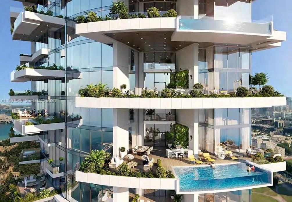 This architectural rendering shows a high-rise building with tiered balconies featuring private swimming pools — 99 Al Naseem Street # 0, Dubai, FL