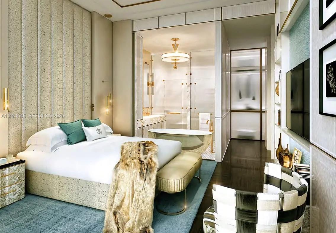 This rendering shows a luxury bedroom with an open-concept bathroom featuring a freestanding soaking tub — 99 Al Naseem Street # 0, Dubai, FL