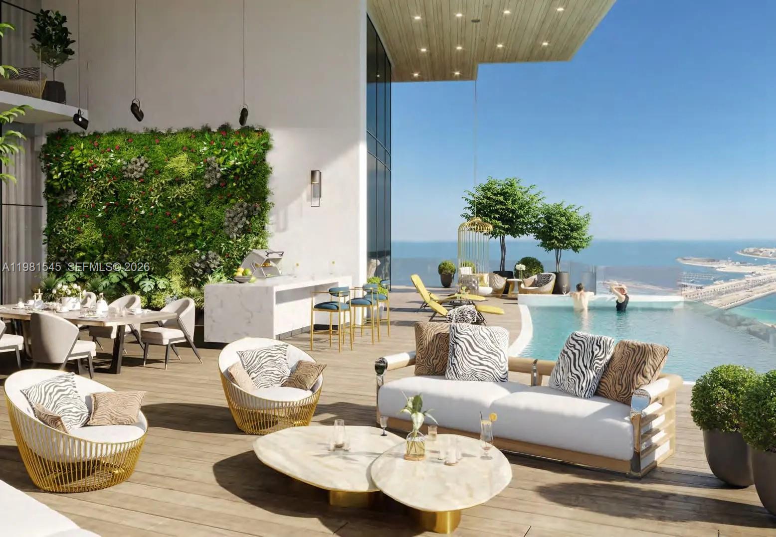 This rendering shows a luxury outdoor terrace with a pool, lounge furniture, and ocean views — 99 Al Naseem Street # 0, Dubai, FL