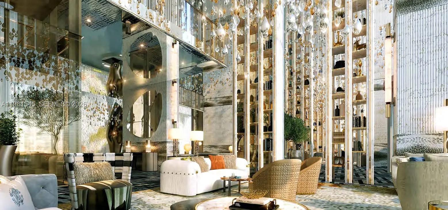This rendering shows a luxurious, high-ceilinged lobby with crystal chandeliers, decorative shelving, and modern furniture — 99 Al Naseem Street # 0, Dubai, FL
