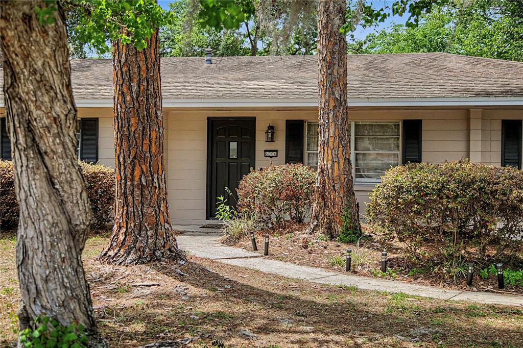 A single-story house with a tan exterior, dark front door, and mature trees in front — 6206 NW 27TH TERRACE, GAINESVILLE, FL