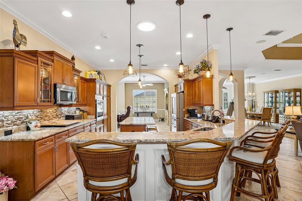 A kitchen features wood cabinets, granite countertops, a breakfast bar with stools, and pendant lighting — 1404 BRIER CREEK CIRCLE, THE VILLAGES, FL