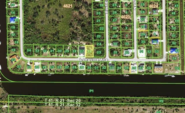 This is an aerial map showing residential lots along a canal and Longville Avenue — 13282 LONGVILLE AVENUE, PORT CHARLOTTE, FL