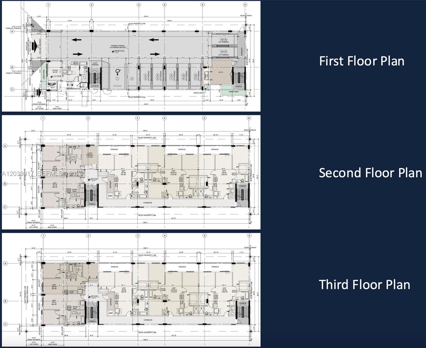 This image displays the first, second, and third floor plans for a multi-story building — 1560 NW 3rd St, Miami FL 33125, MIAMI, FL
