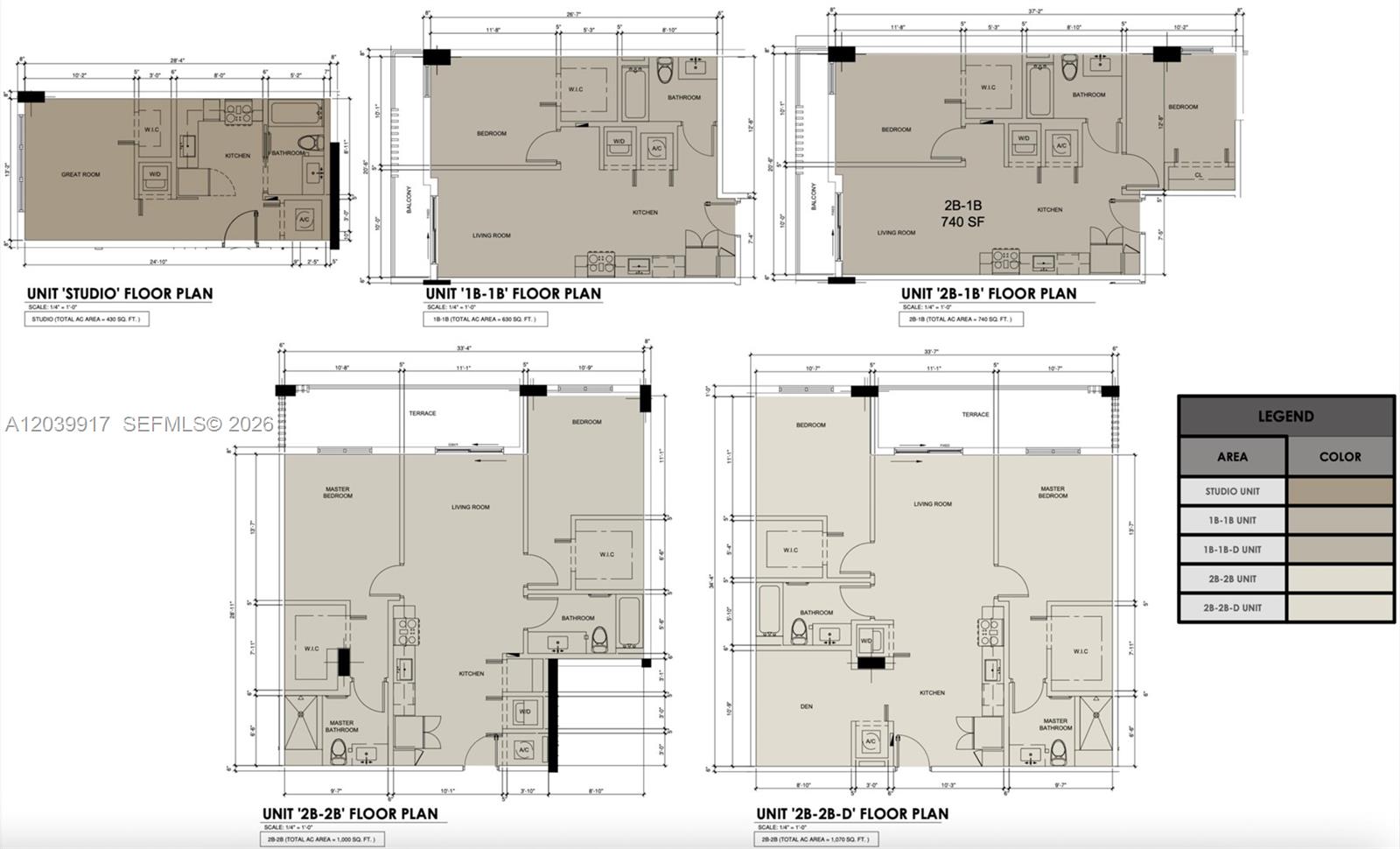 This image displays five different floor plans for residential apartment units with varying layouts — 1560 NW 3rd St, Miami FL 33125, MIAMI, FL
