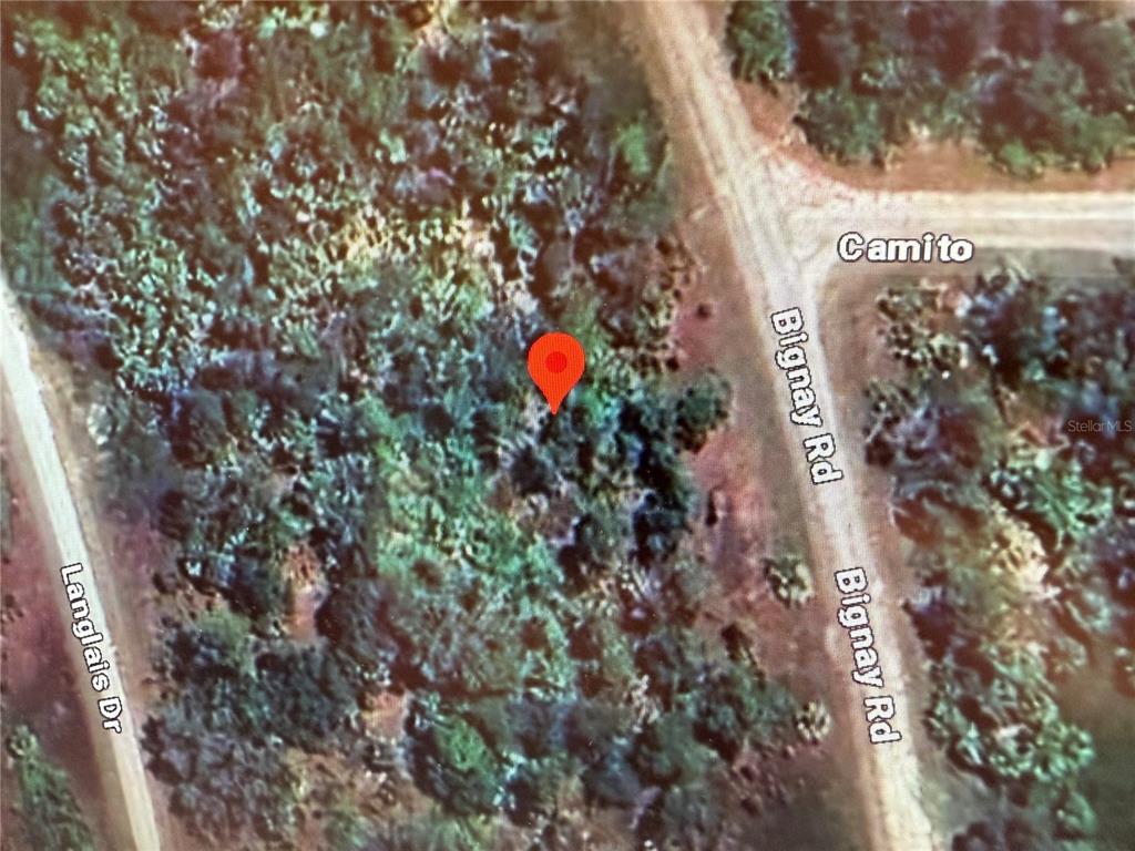 This is an aerial map view of a wooded lot at a road intersection — BIGNAY ROAD, NORTH PORT, FL