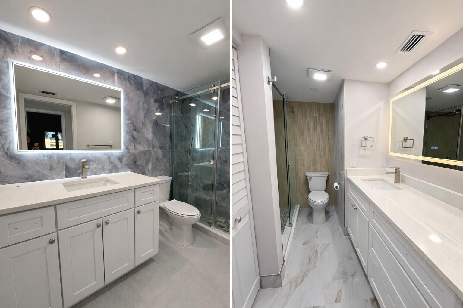 Two views of a modern bathroom featuring white vanities, marble-style tiling, and glass-enclosed showers — 2019 Wolverton A, Boca Raton FL 33434, BOCA RATON, FL