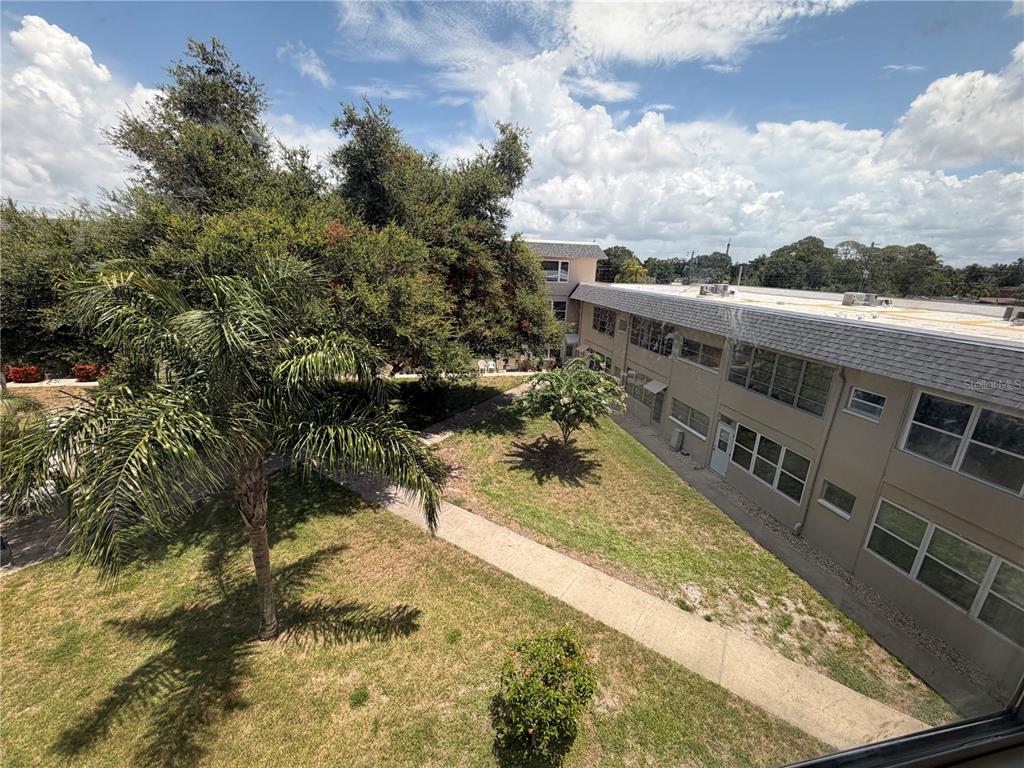 An elevated view shows a grassy courtyard with a palm tree and a multi-story building — 5725 12TH AVENUE N UNIT 306D, ST PETERSBURG, FL